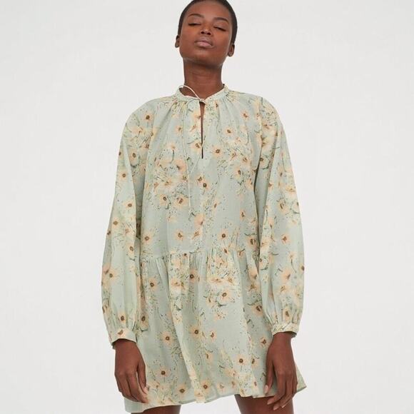 H&M Sunflowers Floral Balloon Sleeve Boxy Relaxed Drop Waist Shift Dress Size 12 - Picture 2 of 10